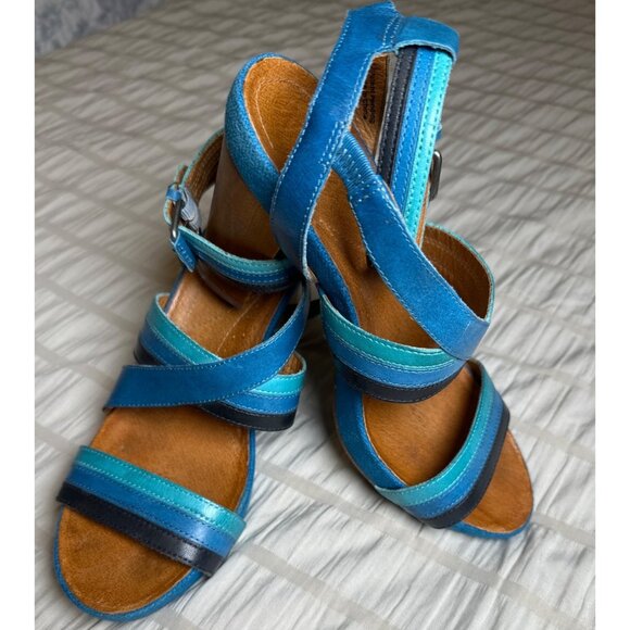 NAYA Mint Blue Black LEATHER Women Size 8 1/2 M Ankle Strap BAMBOO Heeled Sandal - Picture 1 of 9